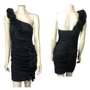 Betsy & Adam by Linda Bernell one shoulder ruched sexy black dress size 4